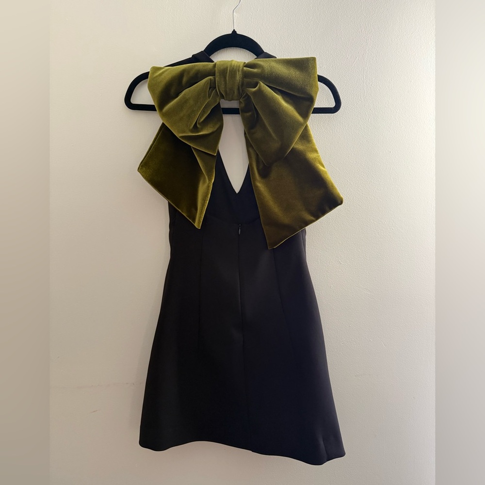 Zara Black Mini Dress with Olive Green Bow - Holiday Dress
